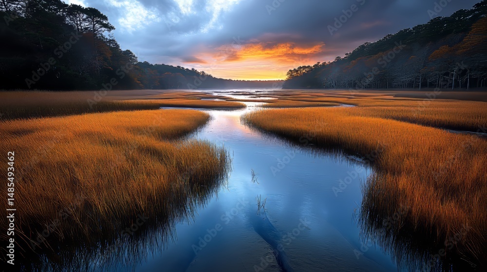 Fototapeta premium The coast of South Carolina features natural salt water marsh and wetlands near the intracoastal waterway, located between Georgetown and Charleston, SC