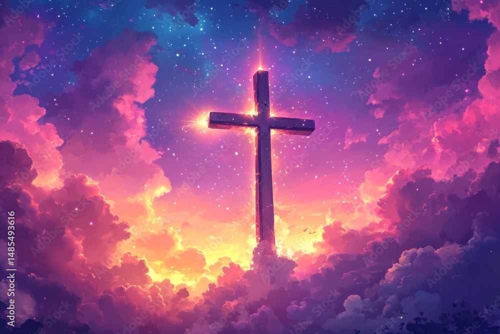 Obraz premium The silhouette of a Christian cross stands out against a bright pink backdrop