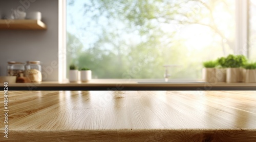 Modern kitchen countertop view, sunlit
