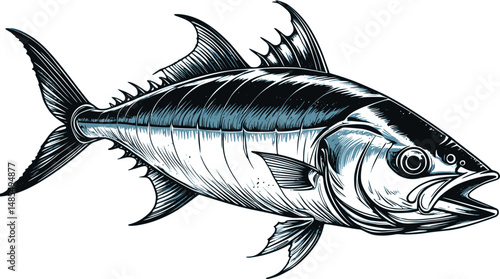 Tuna fish illustration in vintage engraving style on white