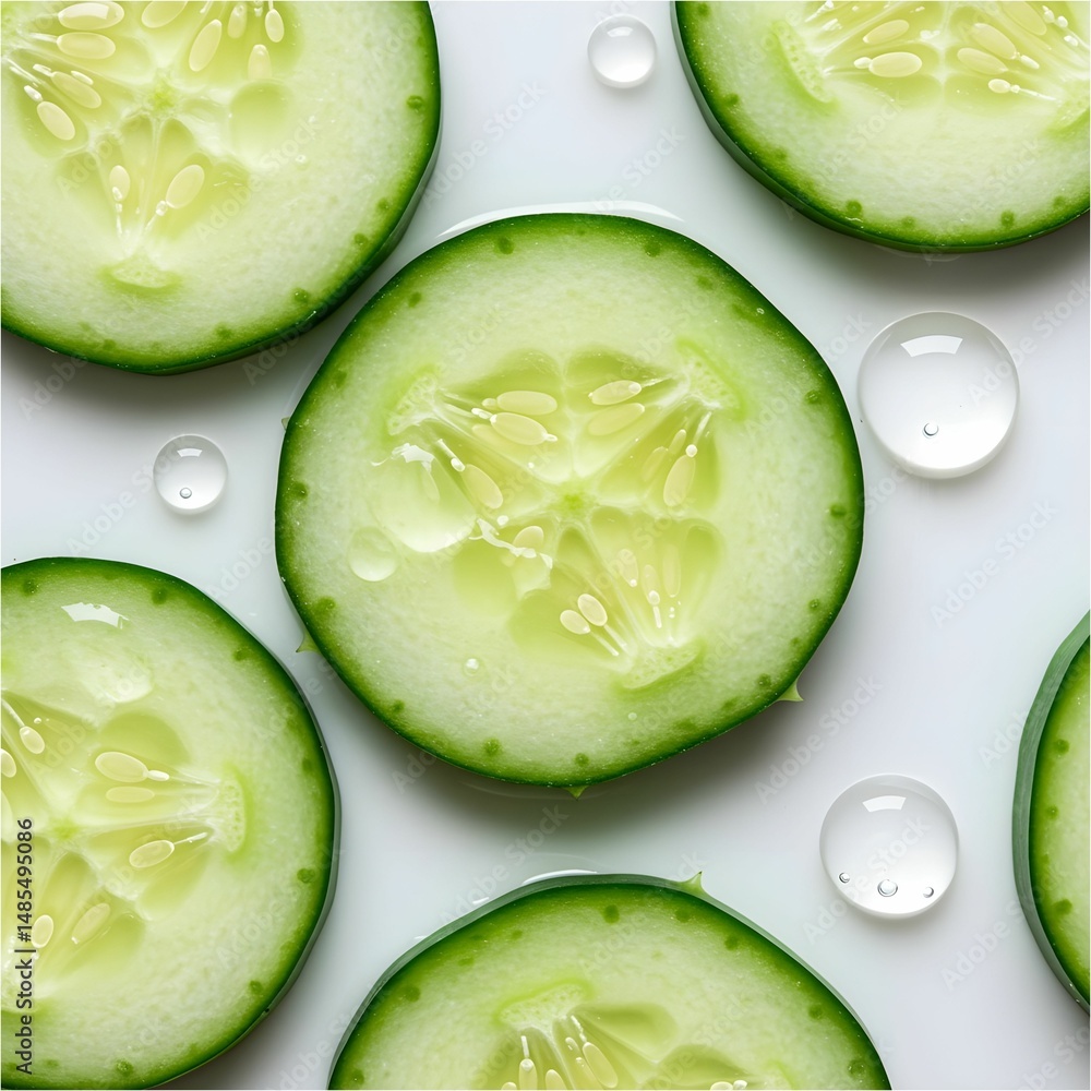 Cucumber slices with water drops close-up
Cucumber slices with water drops close-up