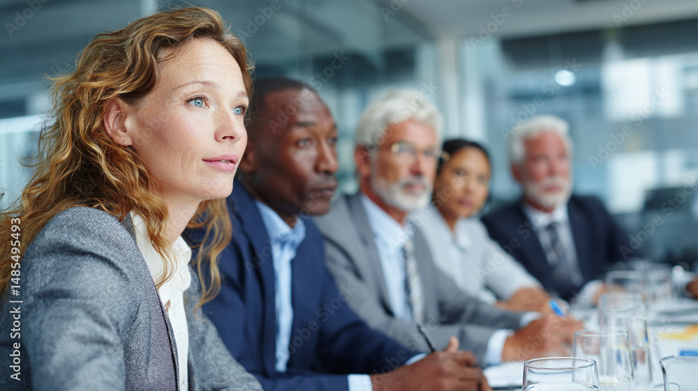 Group of attentive business people in formal attire are listening intently during conference meeting in modern office setting Group of attentive business people in formal attire are listening intently during conference meeting in modern office setting