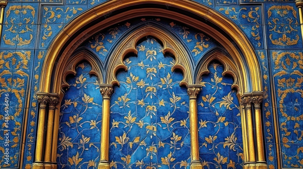 Obraz premium Ornate golden gothic arches set against a richly decorated blue wall adorned with intricate golden floral patterns