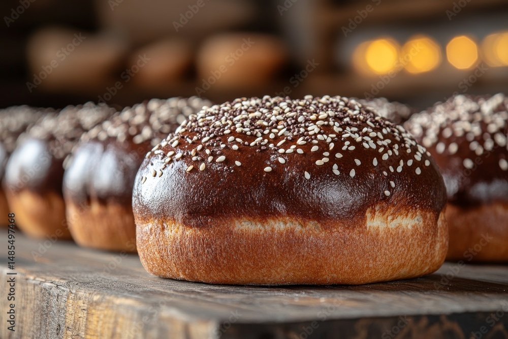 A perfectly round and airy bun made with organic flour is topped with sesame seeds A perfectly round and airy bun made with organic flour is topped with sesame seeds