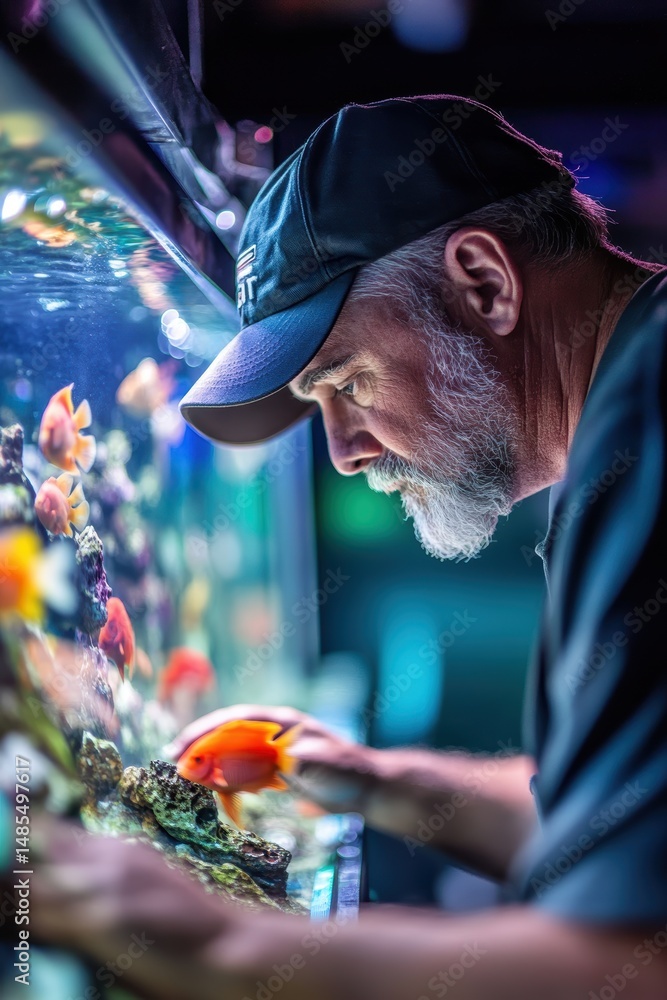 Obraz premium Aquarium enthusiast inspecting vibrant fish tank with colorful fish, underwater scene, hobbyist caring for aquatic life, marine aquarium setup, relaxation.