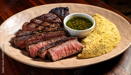 Grilled picanha steak sliced and served with farofa and vinaigrette on a Brazilian-style barbecue 