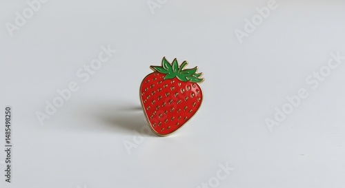 A detailed and vibrant enamel strawberry pin with gold edges set against a white backdrop.