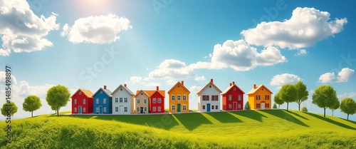 Vibrant paper-cut houses line a hill, sunny sky above,  illustration,  aesthetic