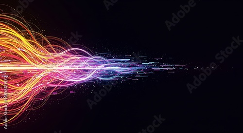 Colorful glowing strands converge into light streaks