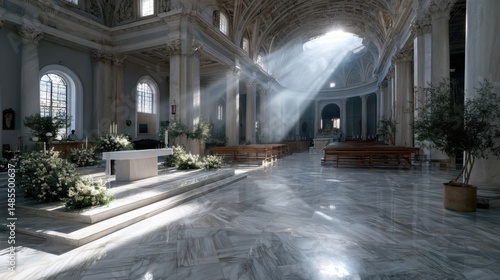 Sunlight streaming into majestic cathedral interior with marble floors and flower arrangements