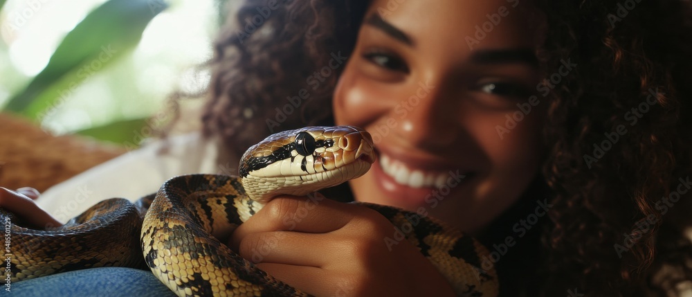 Fototapeta premium Woman smiling with pet snake indoors in cozy living space, enjoying companionship, exotic animals, pet care, and indoor lifestyle happiness.