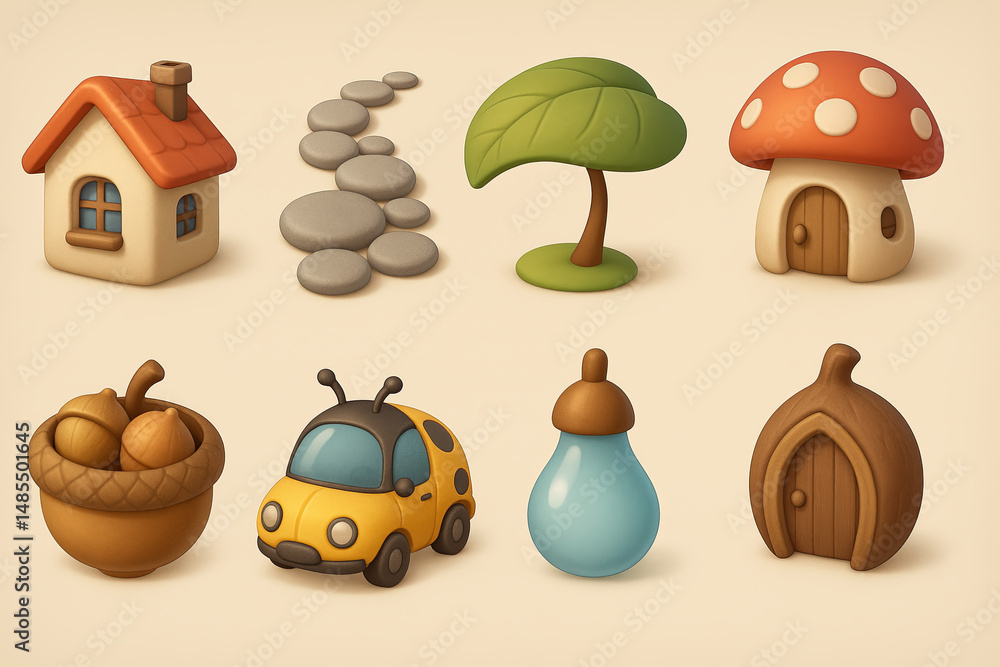 Fototapeta premium Nature & home 3d icon set - whimsical, household & outdoor elements