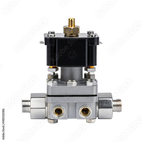 Close up studio shot showcases a pneumatic solenoid valve against a transparent background, highlighting its intricate details and metallic components