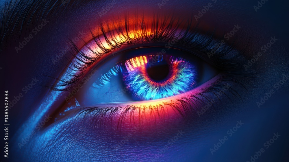 Obraz premium Close-up glowing woman's eye, vibrant colors, artistic