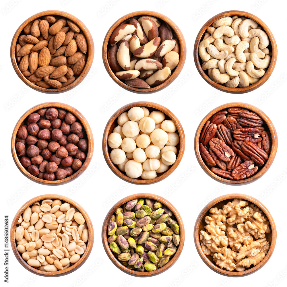 Shelled nuts in wooden bowls isolated from above. Almonds, Brazil nuts, and cashews in the 1st row, hazelnuts, macadamias, and pecans in the 2nd, peanuts, pistachios, and walnut halves in the 3rd row. Shelled nuts in wooden bowls isolated from above. Almonds, Brazil nuts, and cashews in the 1st row, hazelnuts, macadamias, and pecans in the 2nd, peanuts, pistachios, and walnut halves in the 3rd row.