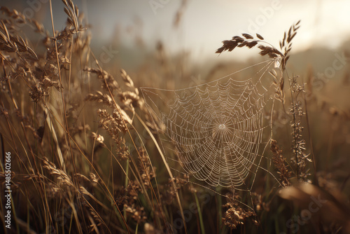 Scenic close-up of wild grasses and plants illuminated by warm sunlight with a detailed spider web among the stems in a natural outdoor setting du golden hour