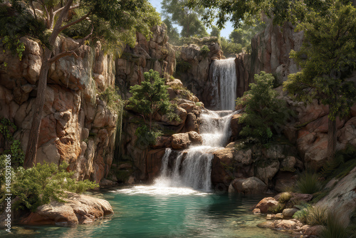 Scenic landscape featu a cascading waterfall flowing over rocky cliffs into a turquoise pool surrounded by lush green trees and vibrant natural scenery