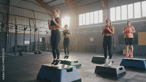 sporty women group doing step aerobics in gym
