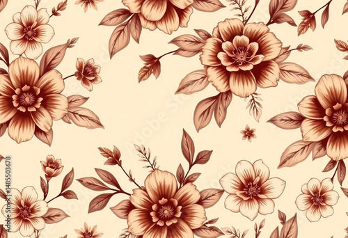 Sepia floral seamless pattern; vector beige background, flowers, leaves, fabric print, flowers, ornate
