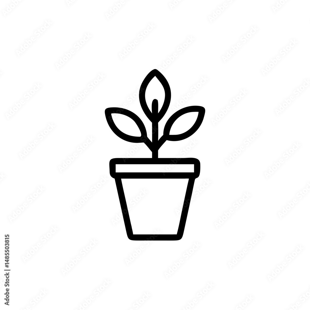 Potted plant with leaves in simple line art design Potted plant with leaves in simple line art design