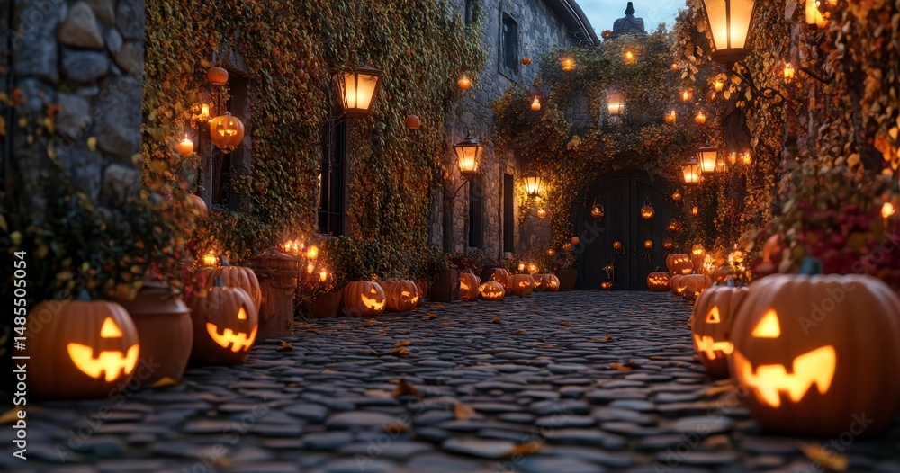 Illuminated Jack O' Lanterns Line a Cobblestone Alleyway at Night Illuminated Jack O' Lanterns Line a Cobblestone Alleyway at Night