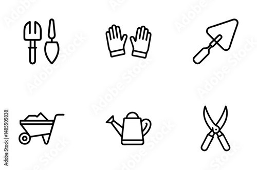 Gardening tools illustrated in minimalist line style on white background  