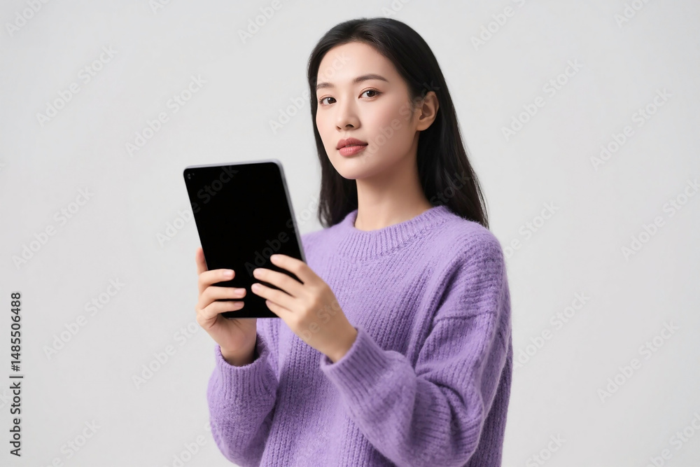 Naklejka premium Confident woman in a purple sweater holding a tablet vertically, standing with a focused look against a white background. Ideal for tech, business, or lifestyle themes with modern visual appeal.