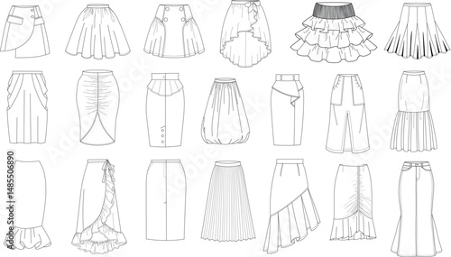 Different types of women's skirts, technical fashion illustration. Flat apparel template front side. Women, CAD mockup
