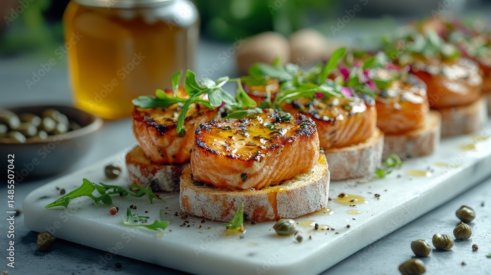 A close-up photograph of a bread slice topped with an assortment of fish and accompanied by a nearby jar of mustard A close-up photograph of a bread slice topped with an assortment of fish and accompanied by a nearby jar of mustard