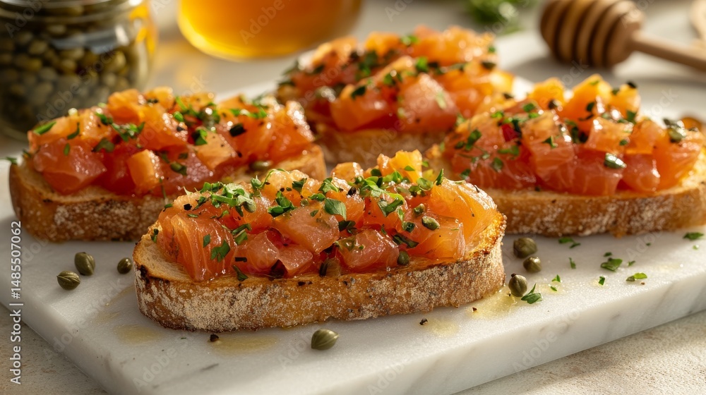 A magnified view of a bread slice featuring an array of fish and a jar of mustard placed in close proximity A magnified view of a bread slice featuring an array of fish and a jar of mustard placed in close proximity
