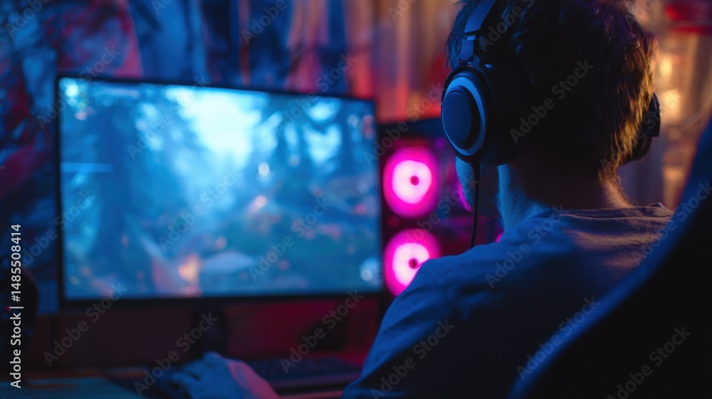 Gamer wears headphones playing video game on computer for entertainment and esports Gamer wears headphones playing video game on computer for entertainment and esports