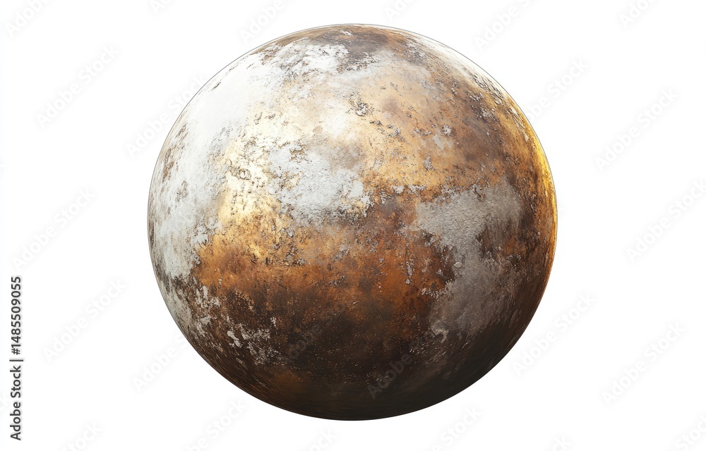 Fototapeta premium Rusty, metallic sphere, resembling a planet. Textured surface with golden and muted rust-colored tones