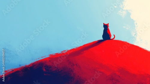 Crimson sentinel: A contemplative feline silhouette gazing towards the horizon