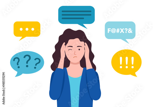 Woman covering ears with hands to stop disinformation vector illustration. Cartoon character having headache from noise. Fake news, hoax and social noise concept