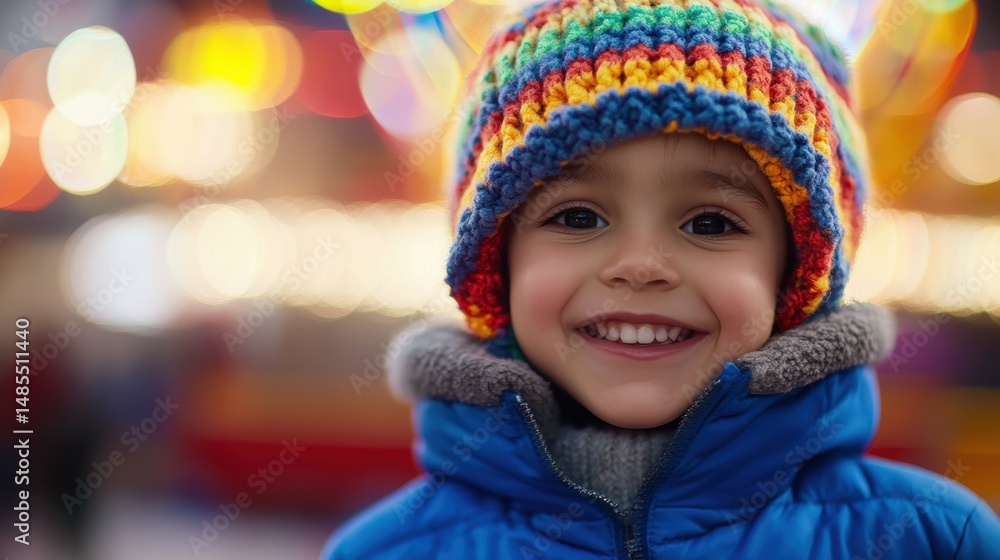 Smiling child wearing colorful winter hat and coat enjoying festive atmosphere at carnival event with bright lights and joyful expressions. Smiling child wearing colorful winter hat and coat enjoying festive atmosphere at carnival event with bright lights and joyful expressions.