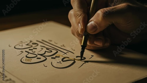 Skilled calligrapher meticulously writes intricate arabic script with a traditional qalam pen and ink on textured paper, showcasing the artistry and cultural heritage of islamic calligraphy