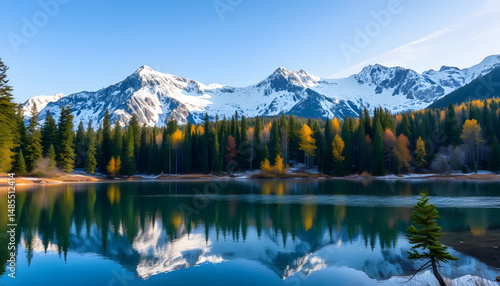 Stunning wallpaper featuring a serene lake encircled by towering trees with majestic snow-capped mountains in the distance, colorful. with white shades