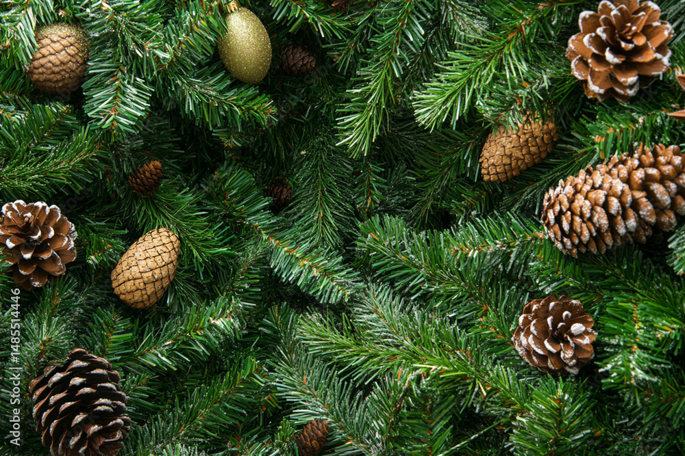 Christmas tree decorations, pine needles, cones and garlands placed in the corner leave plenty of space for text Christmas tree decorations, pine needles, cones and garlands placed in the corner leave plenty of space for text