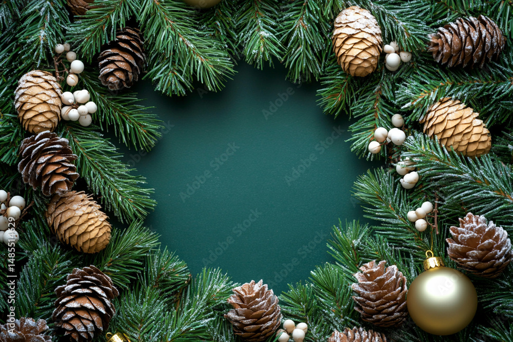 Christmas tree decorations, pine needles, cones and garlands placed in the corner leave plenty of space for text Christmas tree decorations, pine needles, cones and garlands placed in the corner leave plenty of space for text