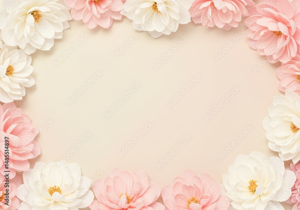 Flowers arranged in a frame with pink and white blossoms on background Flowers arranged in a frame with pink and white blossoms on background