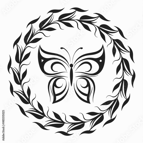 Butterfly in circular wreath made of leaves
