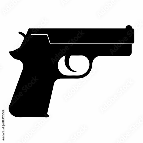 "Minimal black silhouette of a compact pistol with a squared-off design, centered on white background."
