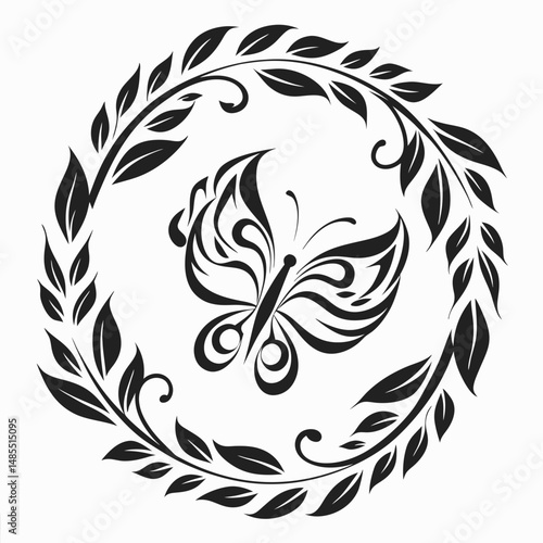 Butterfly in circular wreath made of leaves
