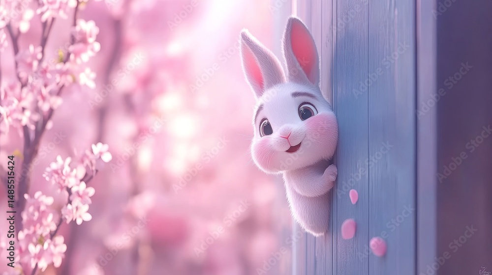 Obraz premium The artwork 'Bunny Rabbit Peeks Out - Blue Frame with Pink & Purple Paint Splatters' is a unique piece
