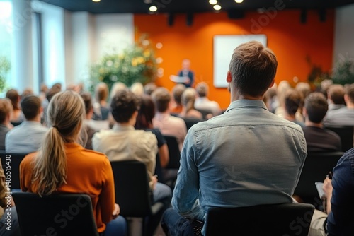 Audience attentively listening to speaker during a presentation in a modern conference room with bright orange wall and natural light