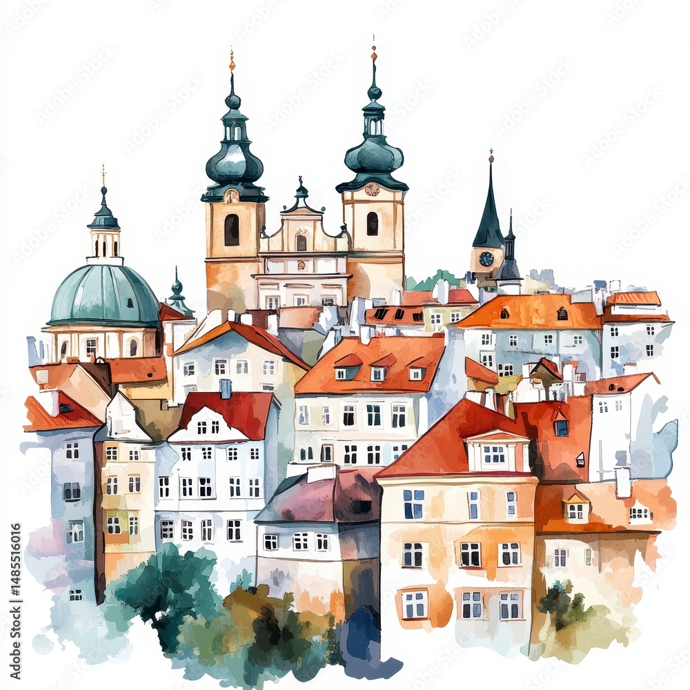 Obraz premium Watercolor Cityscape Red Rooftops and Church Domes