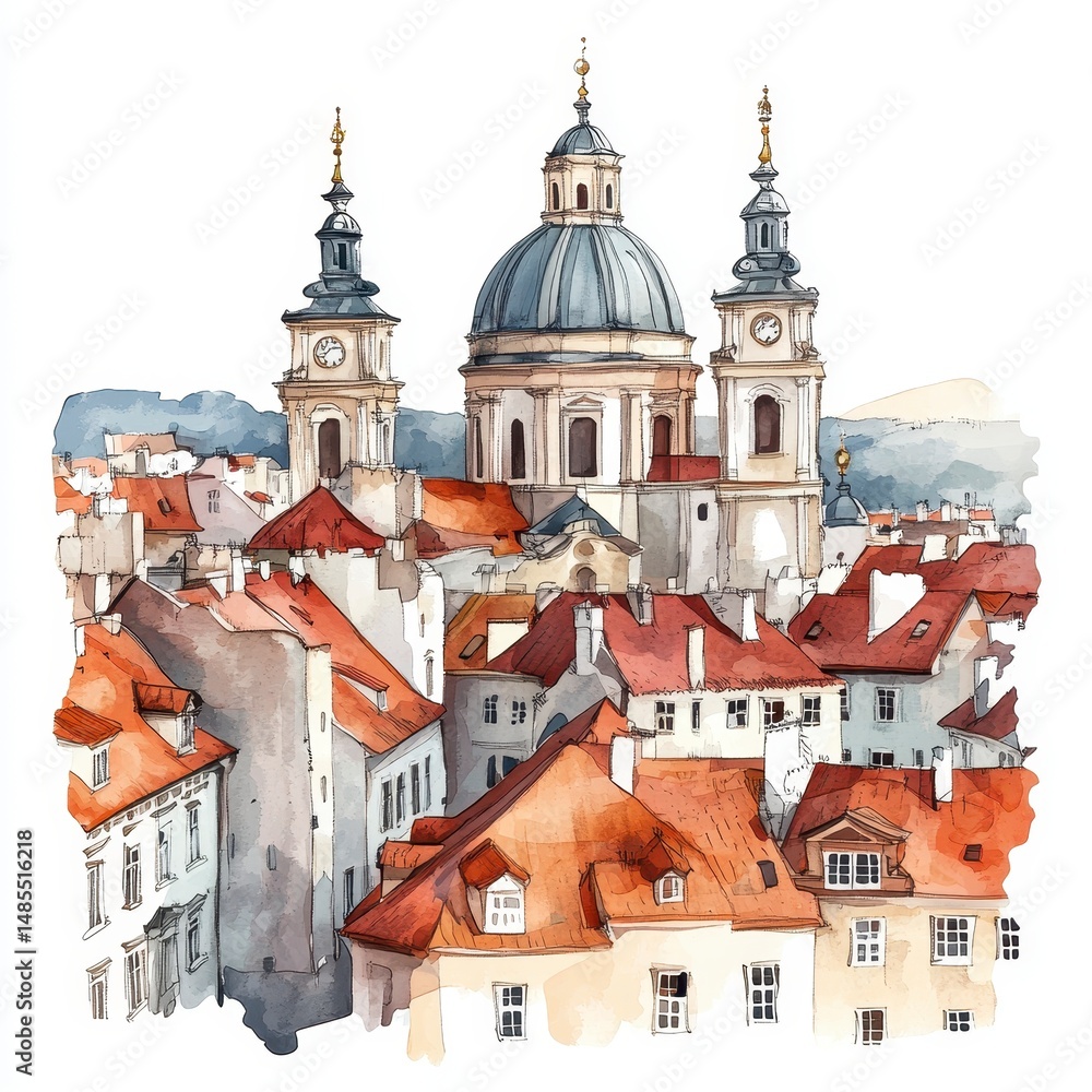 Fototapeta premium Watercolor European Cityscape with Red Rooftops and Domed Church
