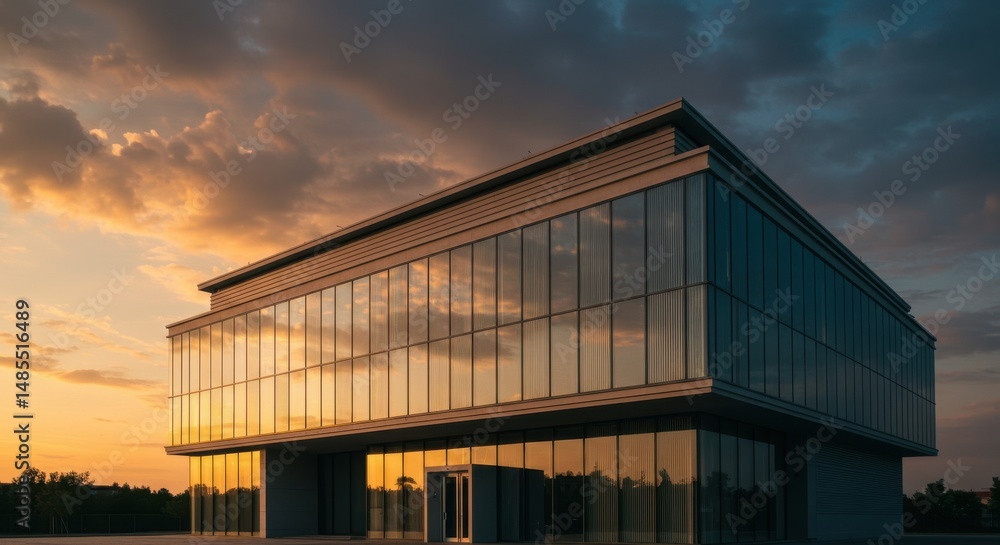 Fototapeta premium Modern building reflecting sunset ambition and architectural design