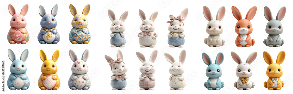 Fototapeta premium Cute Colorful Bunny Figures Isolated on Transparent Background