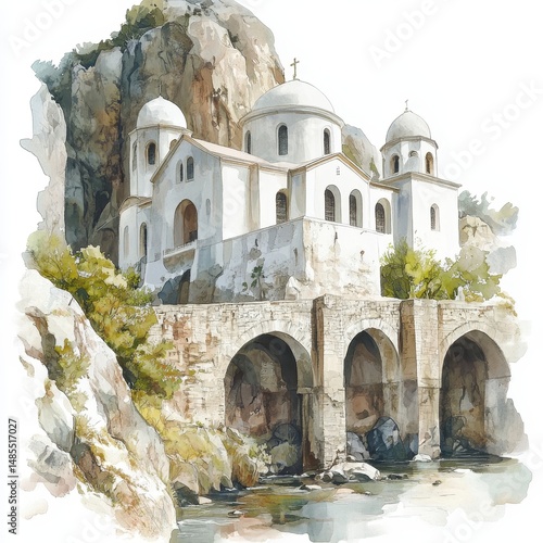 Watercolor Painting of Whitewashed Church on Stone Bridge over Water